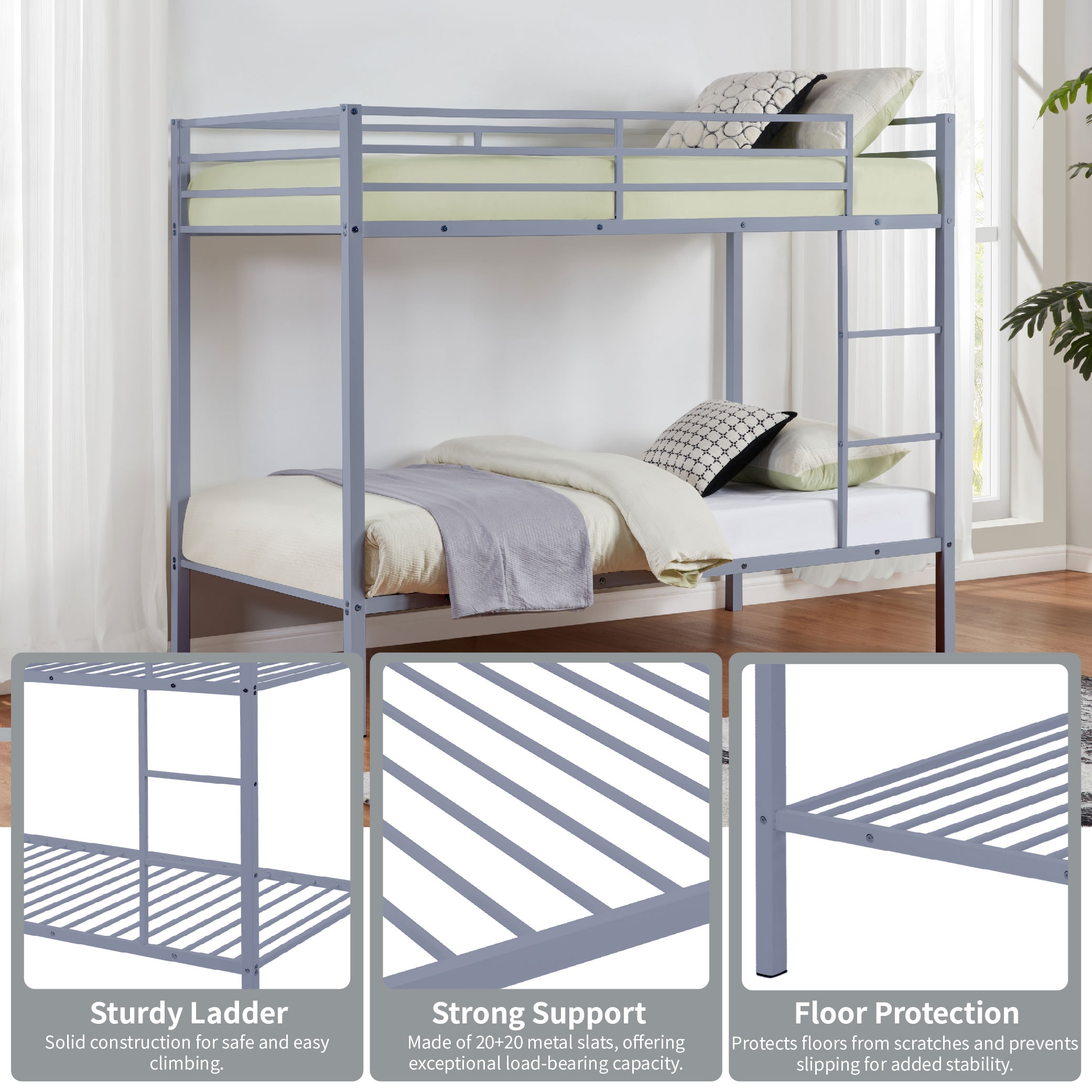 Metal Bunk Bed Twin Over Twin, Low Profile Bunk Bed Frame withBuilt-in Ladder, High Guardrail and Metal Slats, Space-Saving Twin Size Bed Frame for Kids Teens, No Box Spring Required, Gray Metal Bunk Bed Twin Over Twin, Low Profile Bunk Bed Frame withBuilt-in Ladder, High Guardrail and Metal Slats, Space-Saving Twin Size Bed Frame for Kids Teens, No Box Spring Required, Gray